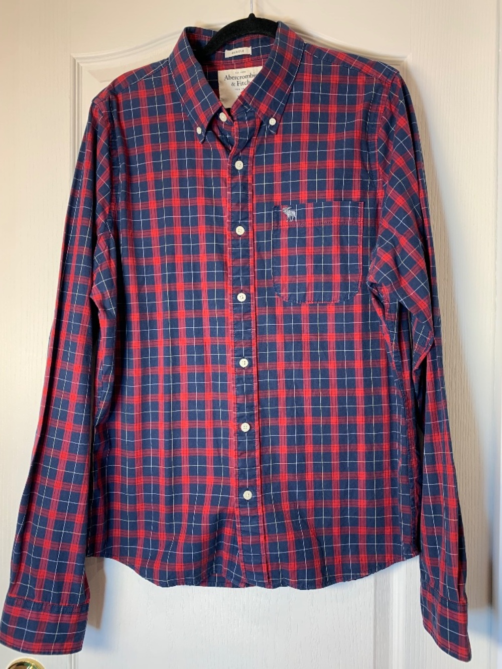 Abercrombie & Fitch Muscle Fit Plaid Button Down Shirt XXL Red Blue Preppy
